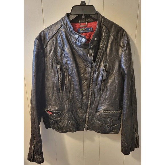 Ralph Lauren Polo Black Cow Leather Motorcycle Jacket Womens XL Rare - Picture 1 of 9